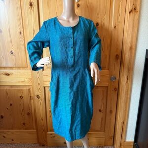 Oda Lux Womens 38 M Linen Button Up Dress Blue Midi Lagenlook Pockets Comfy